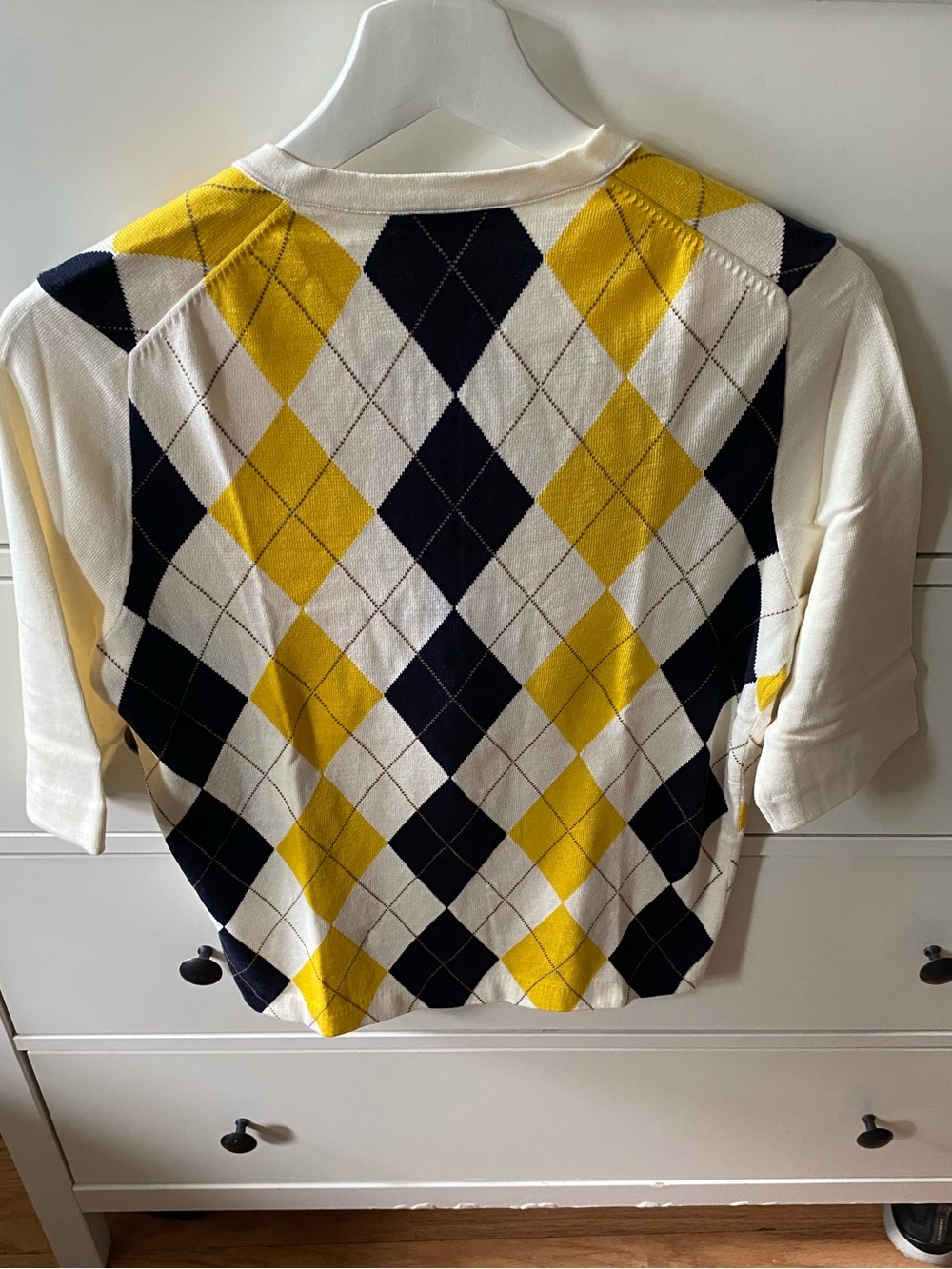 J. Crew Yellow Navy White Argyle Short-Sleeve Crewneck Cardigan - Picture 2 of 4